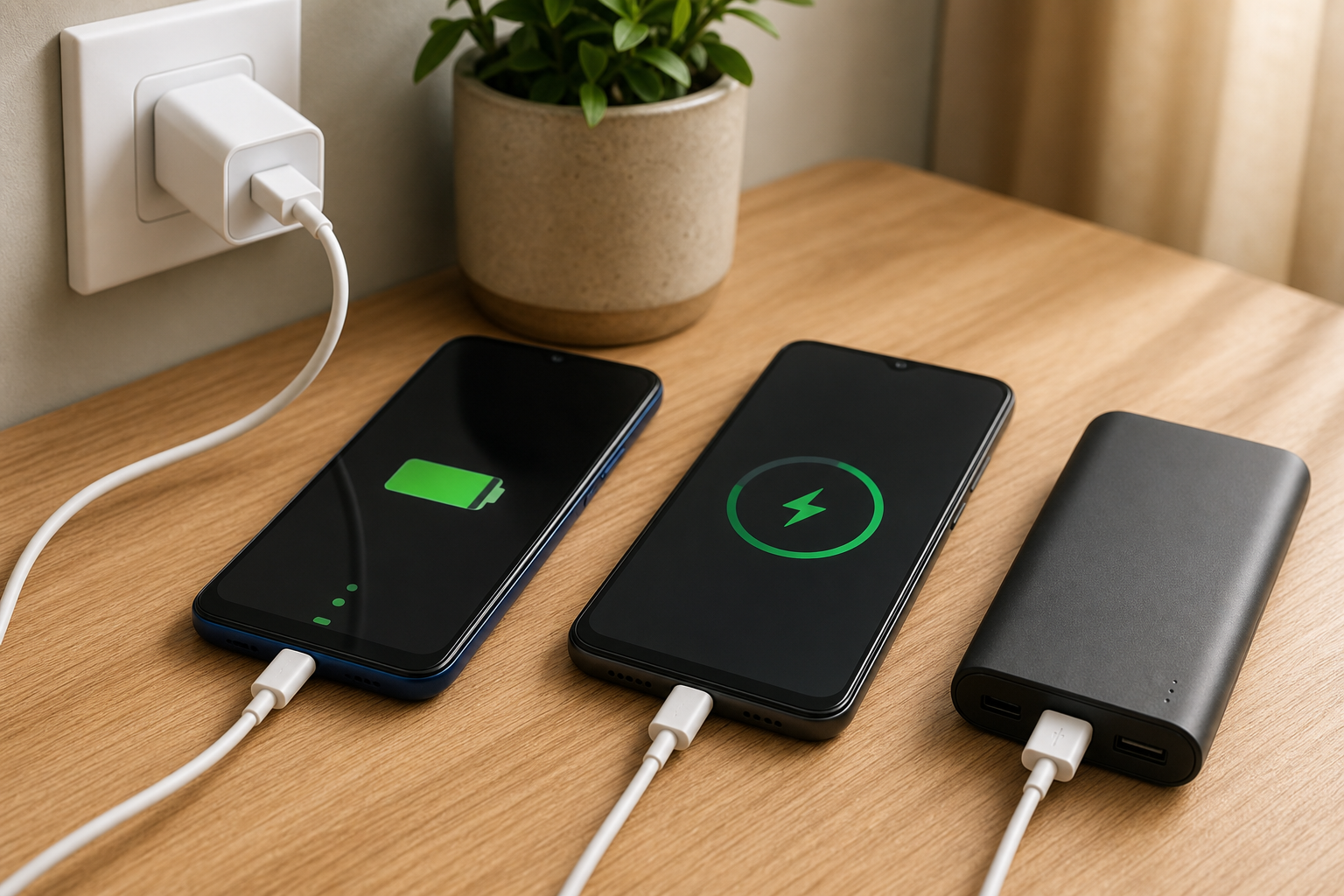 Two smartphones charging beside a power bank for a battery and charging comparison