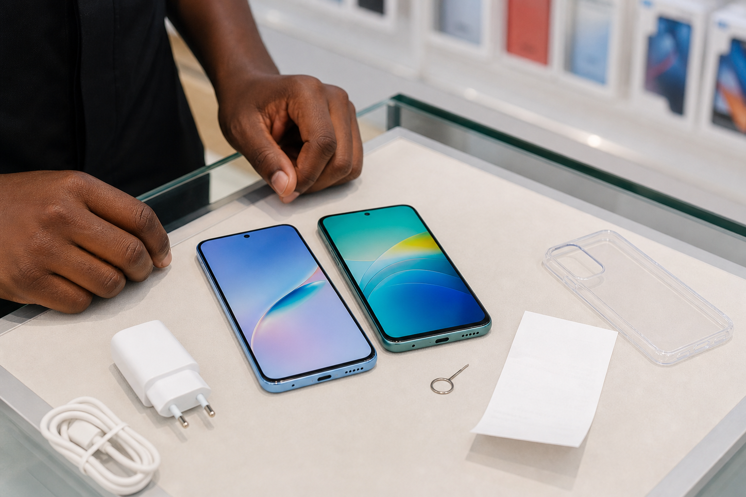 Two smartphones on a retail counter with accessories for a buying decision check