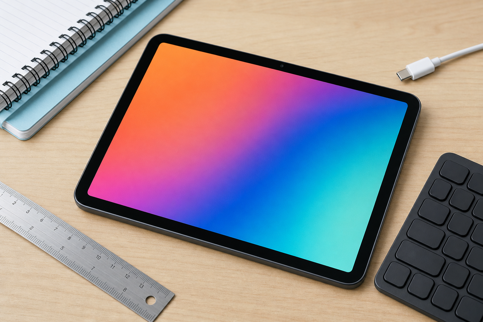 Tablet with keyboard and study accessories for display and productivity checks