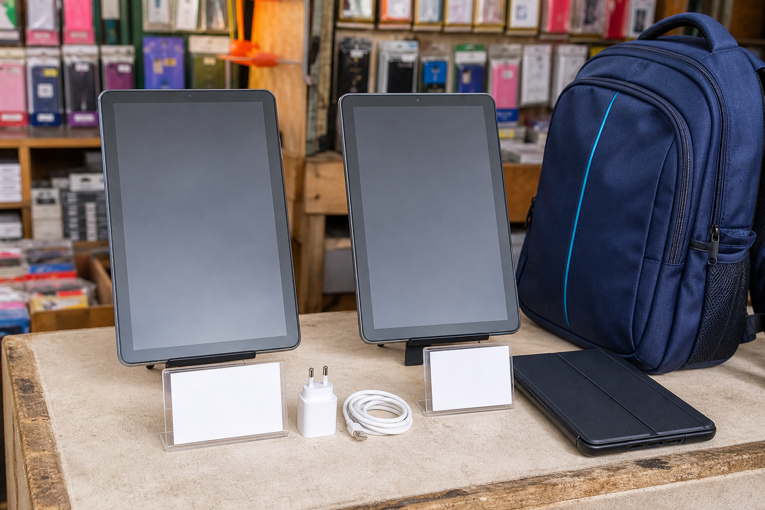 Two tablets on a retail counter with accessories for value comparison