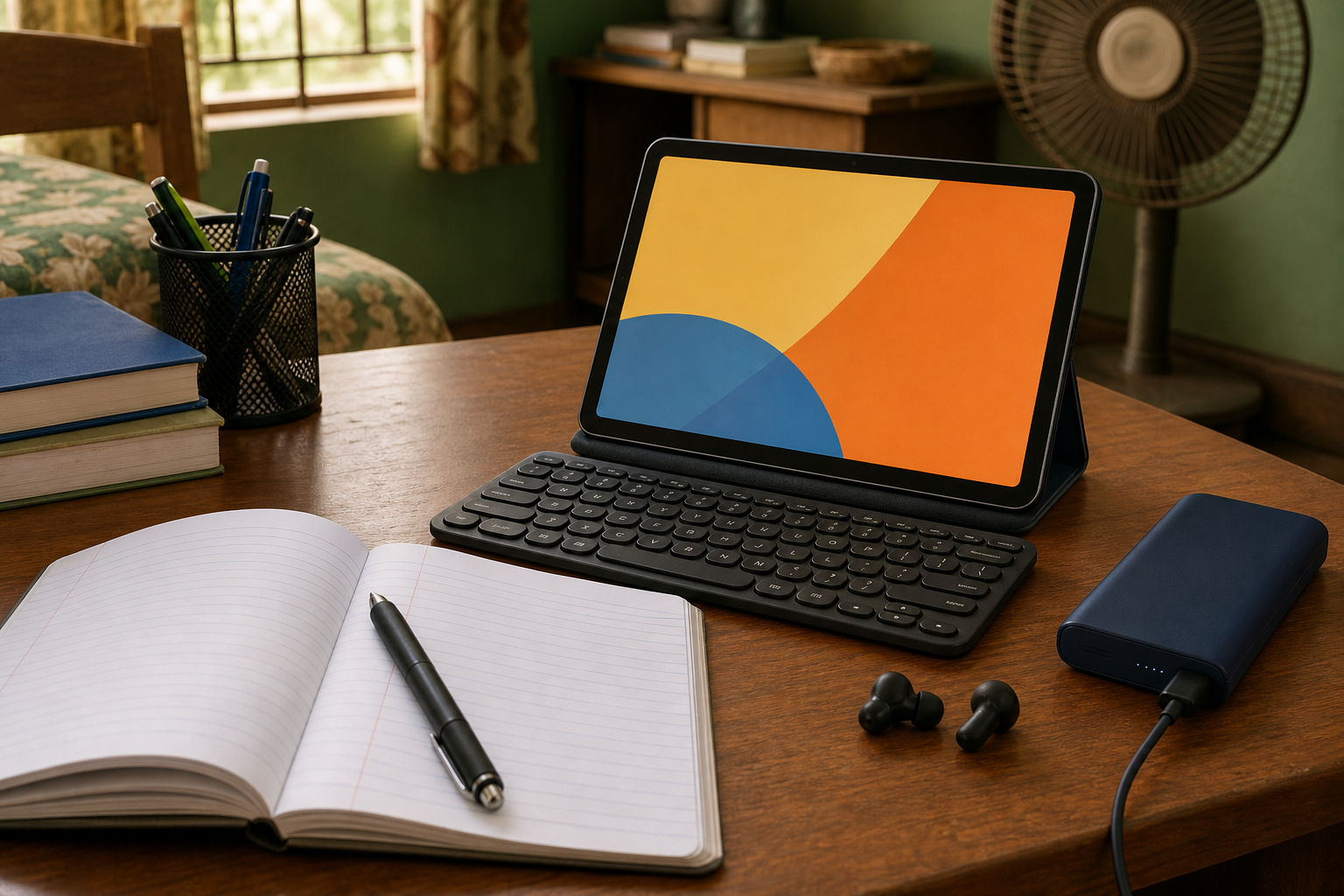 Compact Android tablet with study accessories on a desk