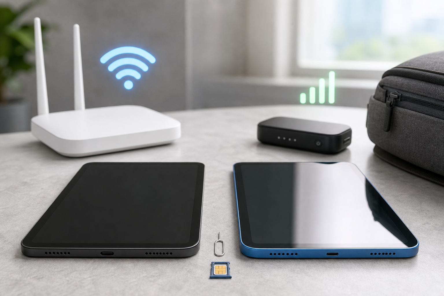 Two compact tablets with Wi-Fi and mobile data accessories