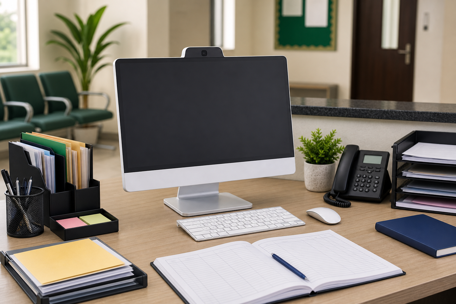All-in-one office desktop on a front desk workstation