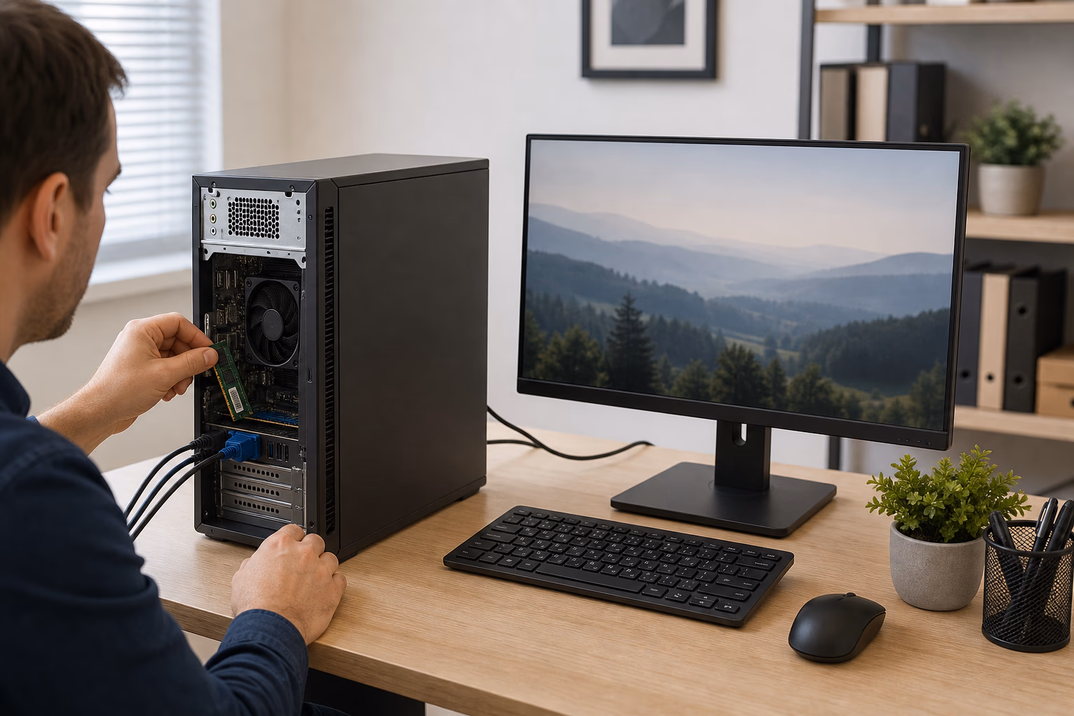 Slim tower desktop with separate monitor in an office setup