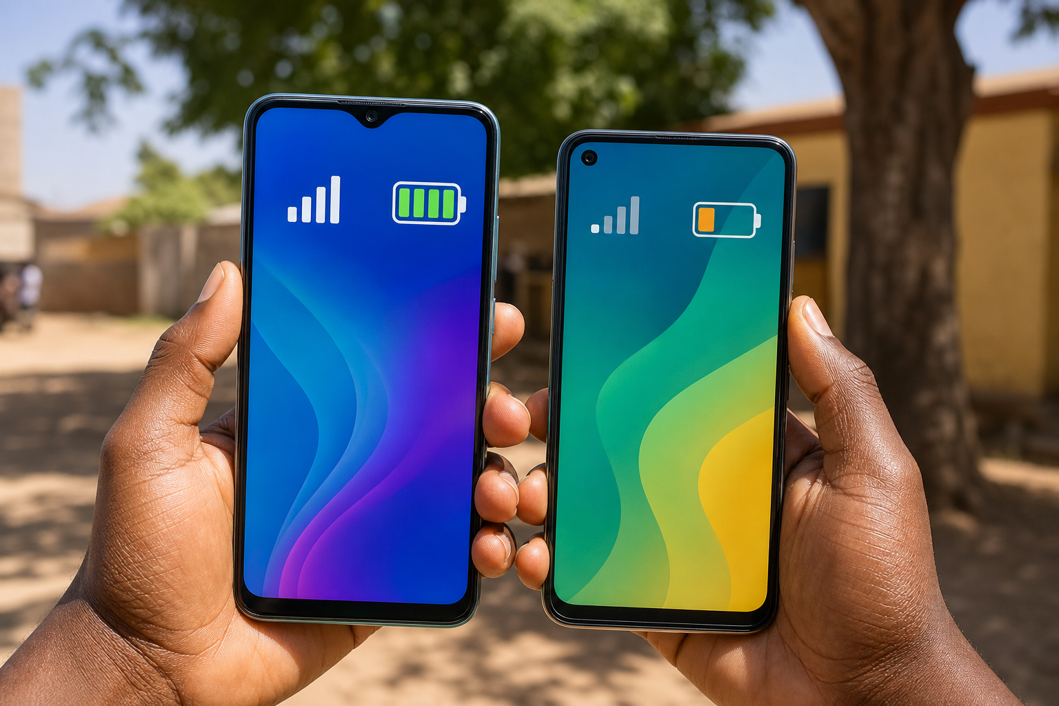 Two budget smartphones compared outdoors for battery and signal strength