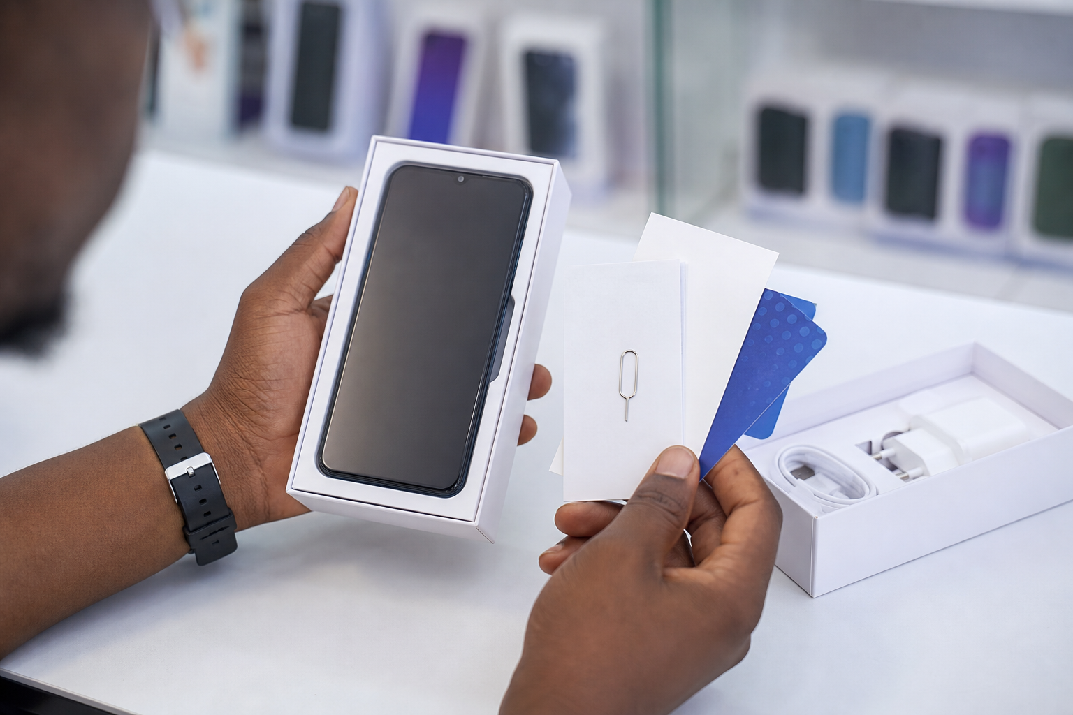 Buyer inspecting a boxed smartphone, charger and warranty materials in a shop