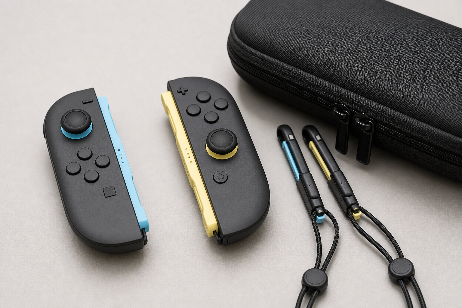 Close-up of blue and light yellow controller halves with wrist straps and a carry case