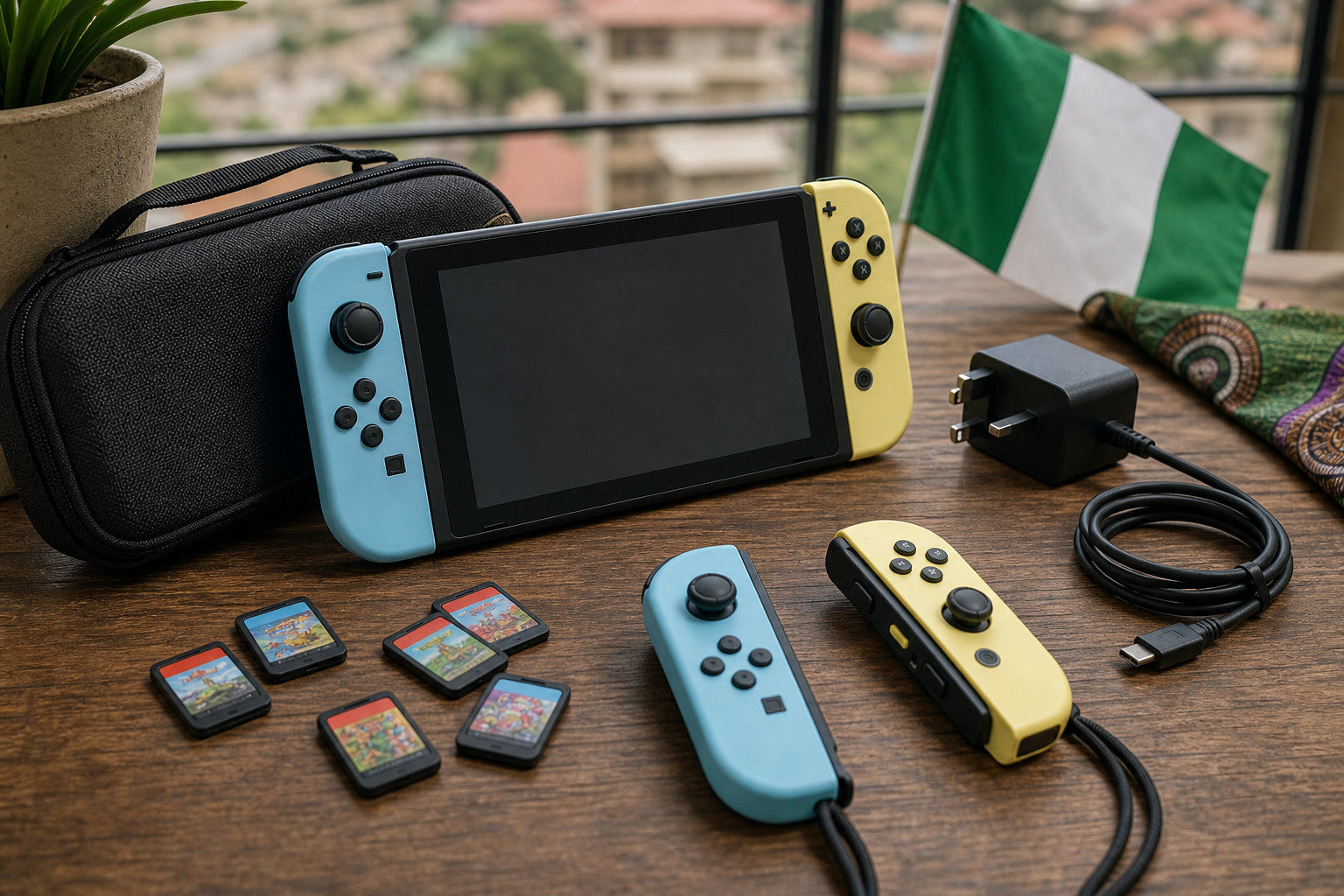 Portable gaming setup with colorful controllers, game cards, case, and power adapter