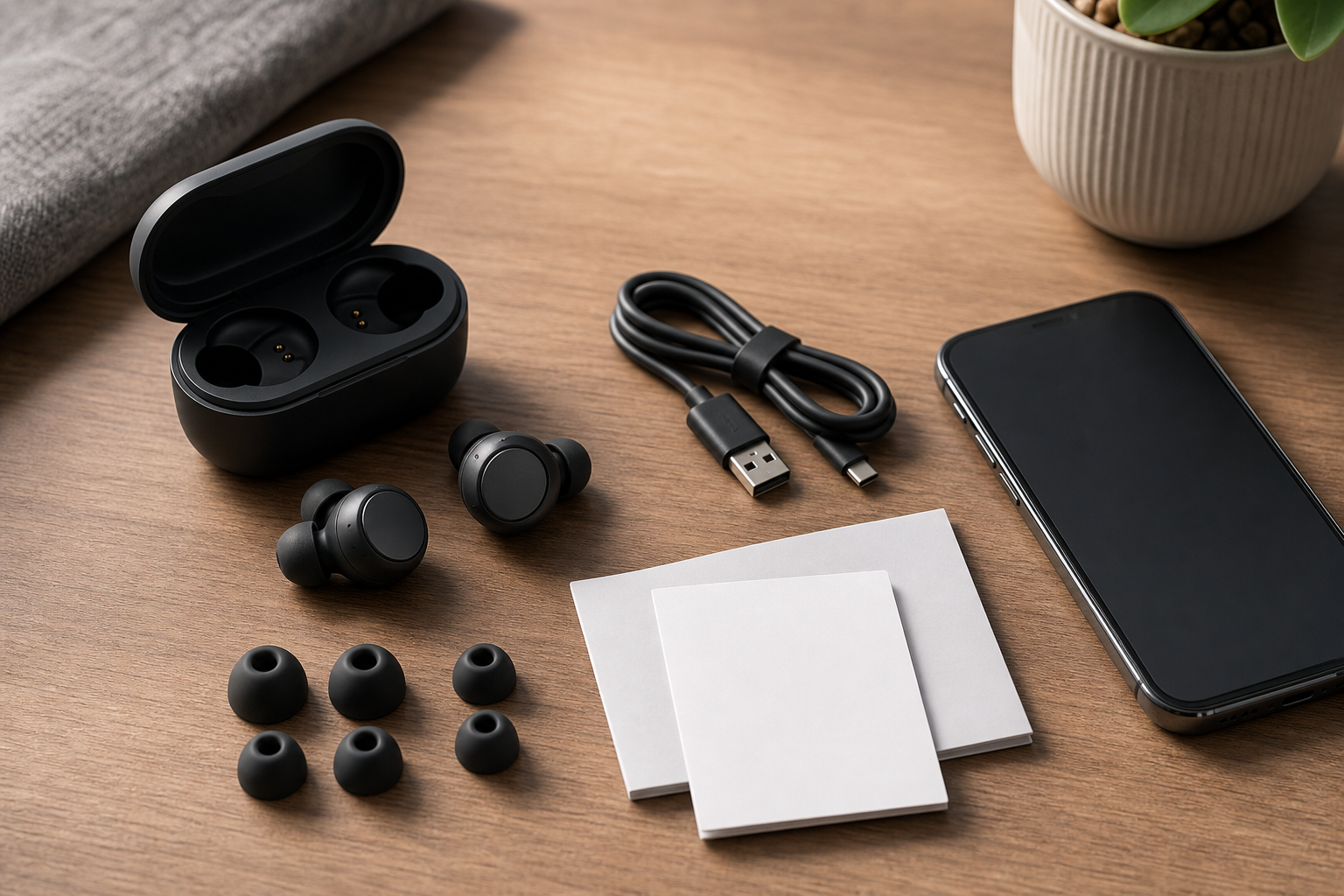 True wireless earbuds with ear tips and buyer-check items on a clean desk