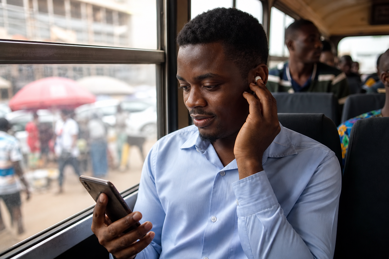 Commuter wearing true wireless earbuds while using a smartphone