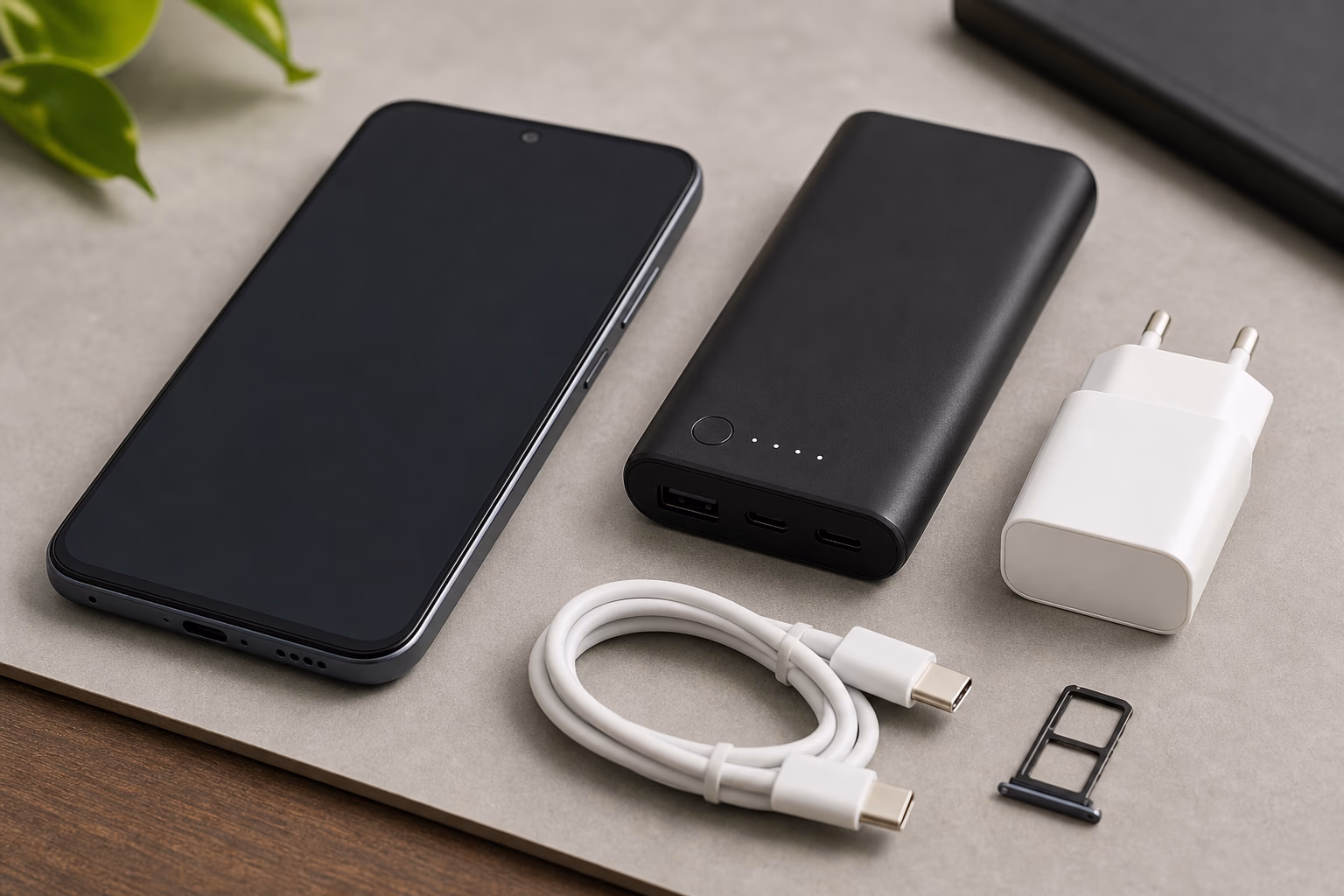 Smartphone with charger, power bank and SIM tray for import buying checks