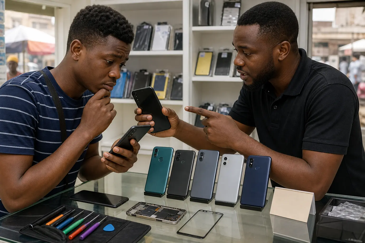 Nigerian phone shop comparison scene with smartphones and repair tools