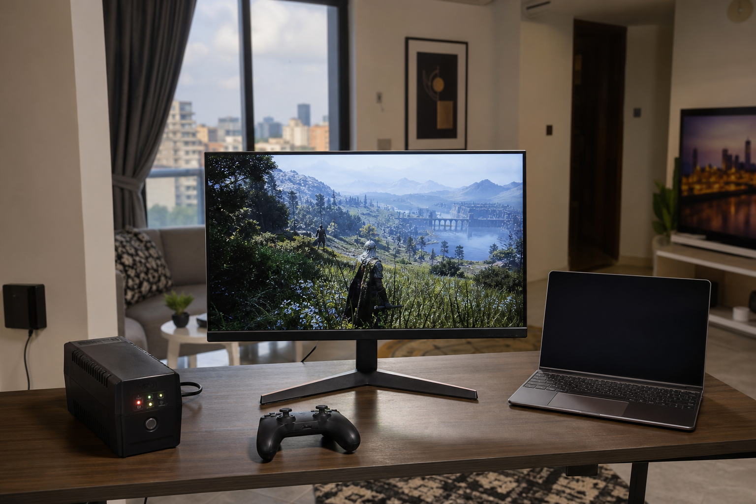 Gaming monitor on a desk with console controller and power protection