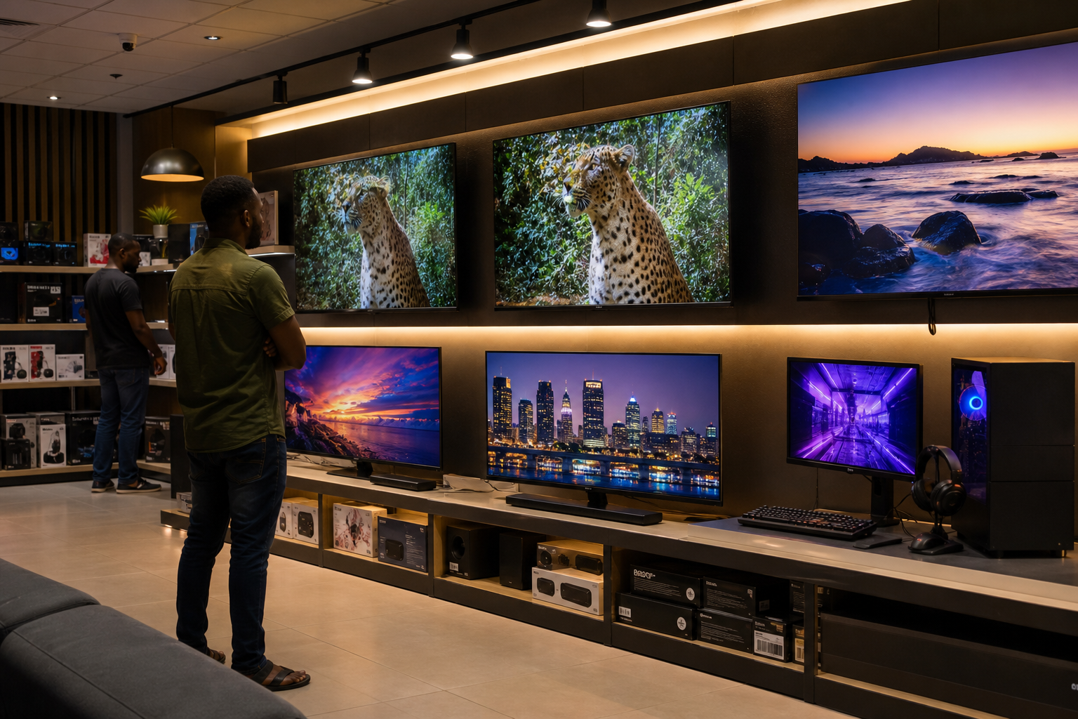 Consumer electronics display wall with TVs and gaming monitors