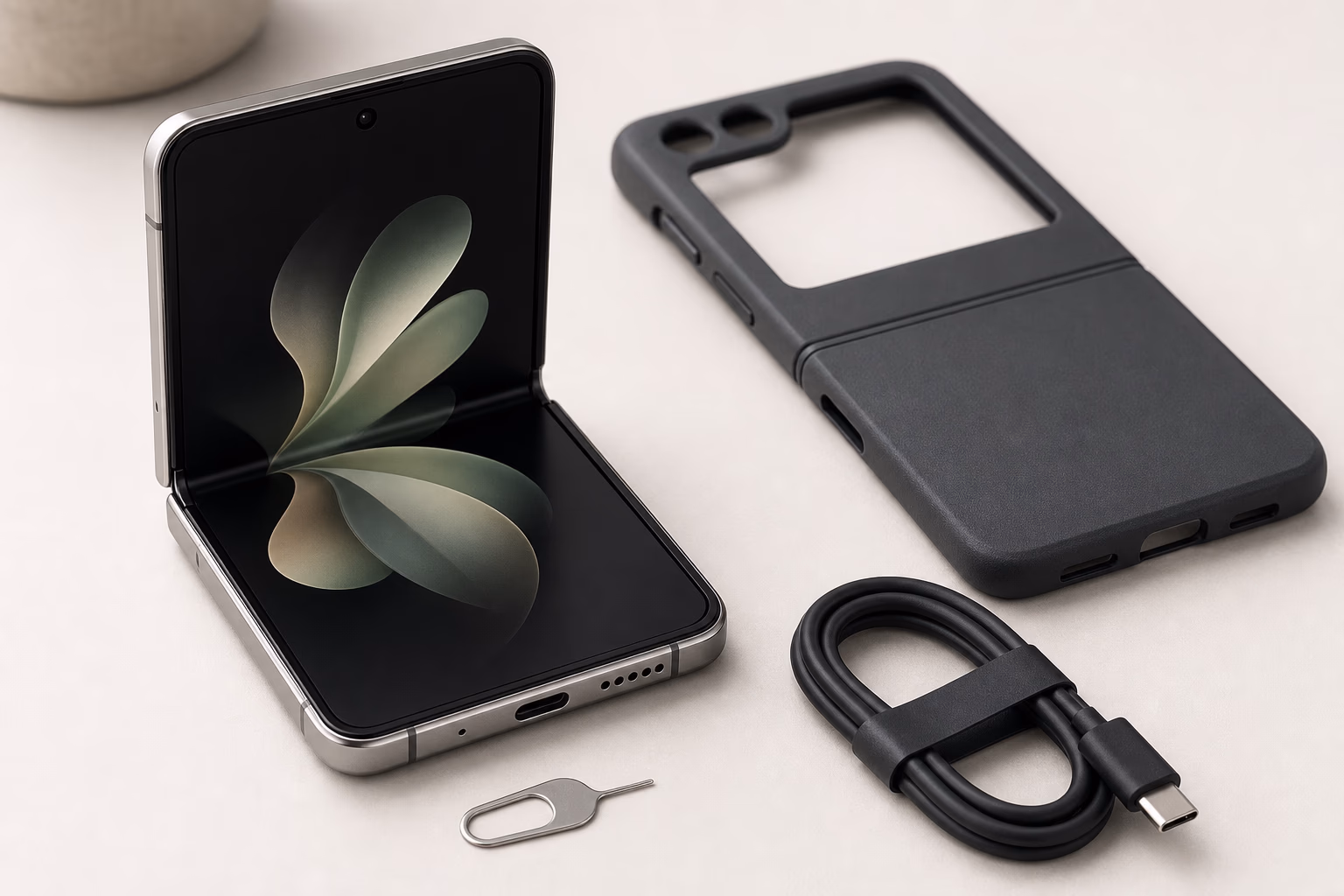 Foldable phone with charging cable and protective case for buyer checklist context