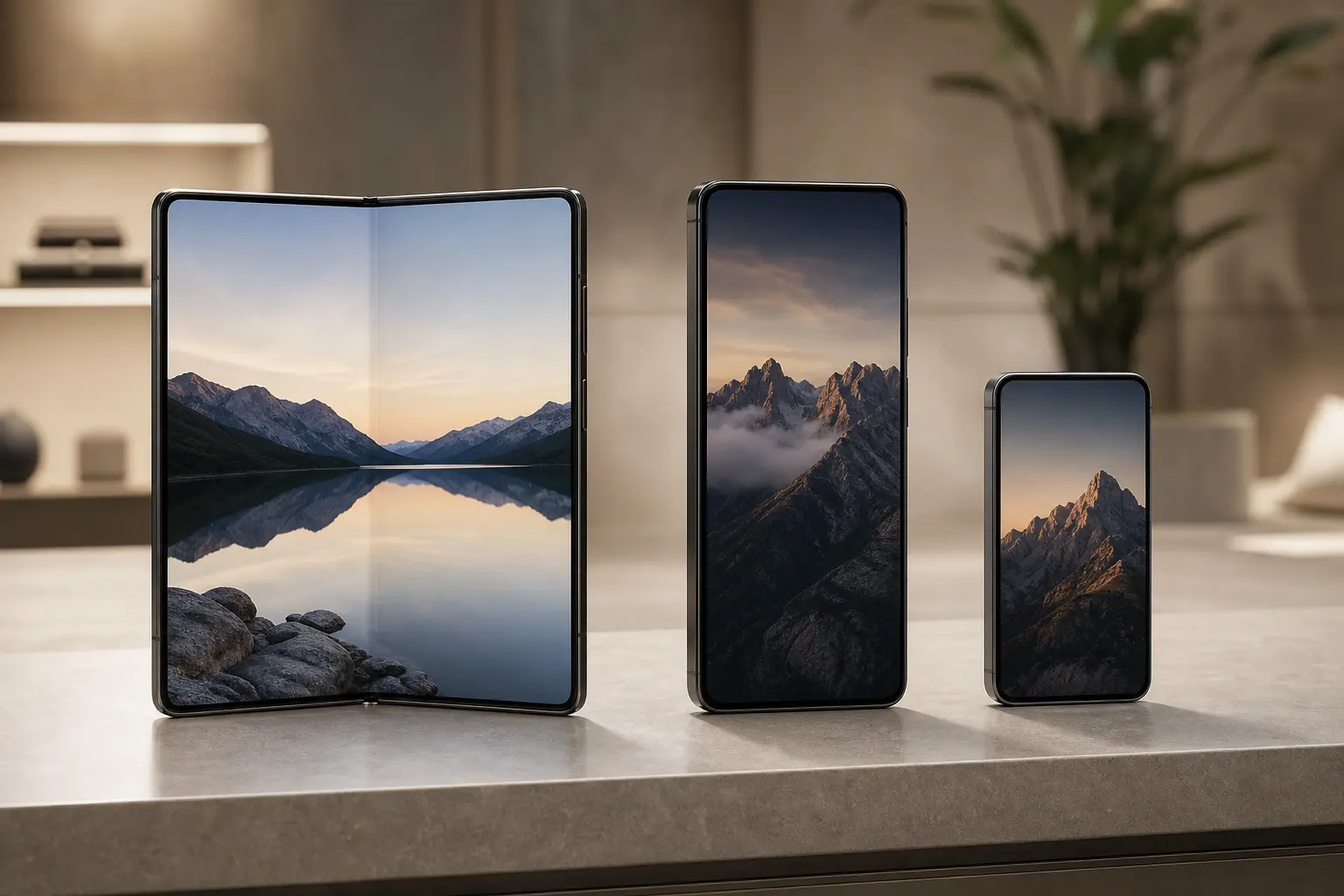 Foldable phone compared with regular smartphones on a counter