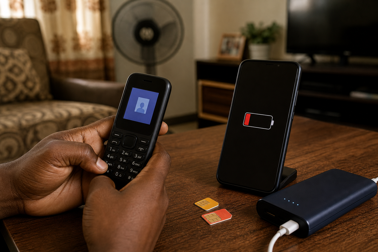 Feature phone used beside a smartphone and power bank