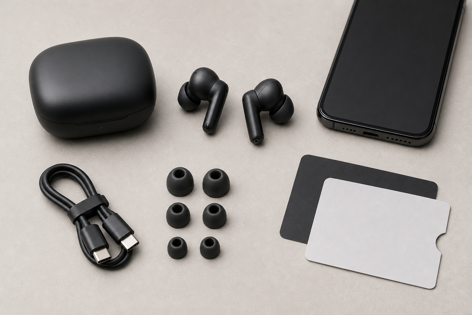 Wireless earbuds buyer checklist with case, ear tips, cable and warranty cards