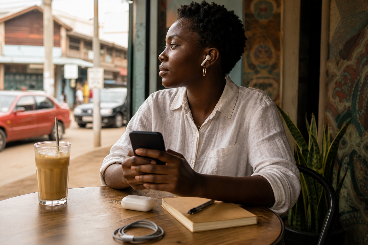 Person using wireless earbuds with a phone at a cafe table