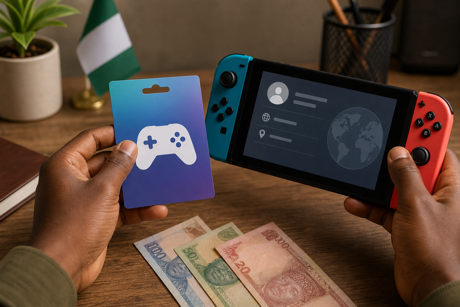 Hands comparing a generic digital gaming card with a handheld console account screen