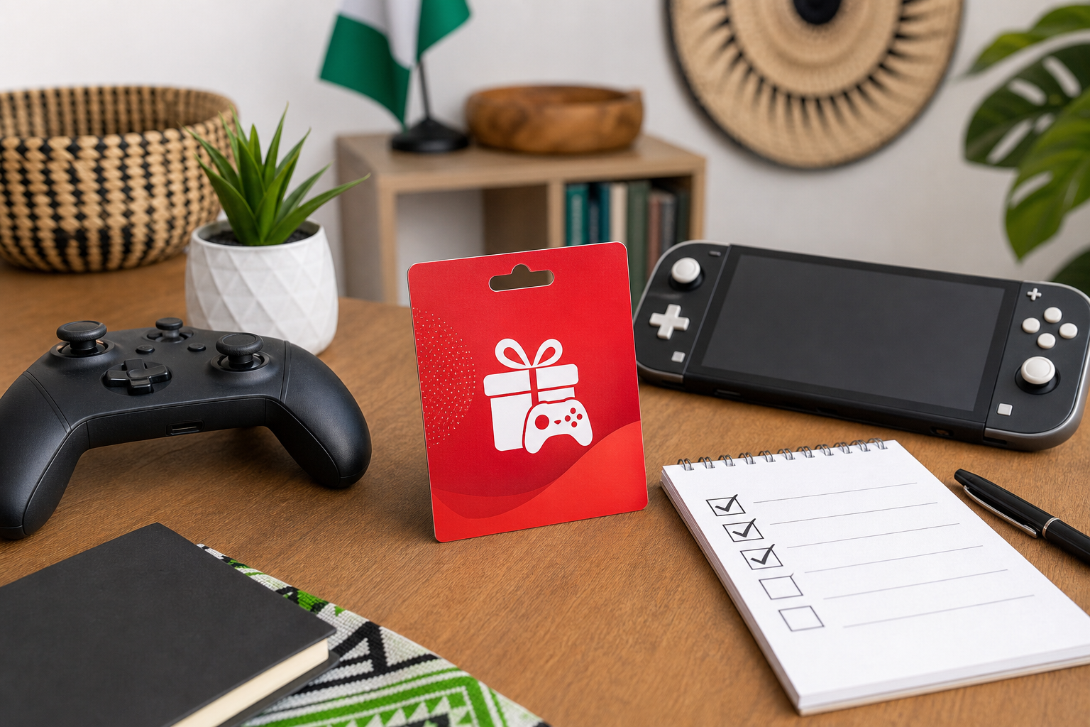 Generic gaming gift card, controller, handheld console, and checklist on a desk