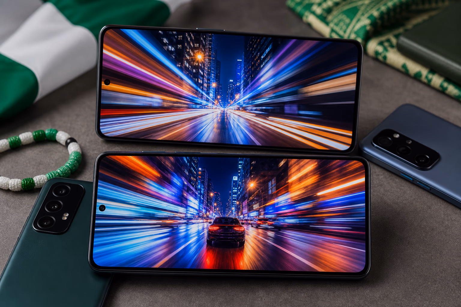 Two generic AMOLED smartphones shown for display and camera comparison