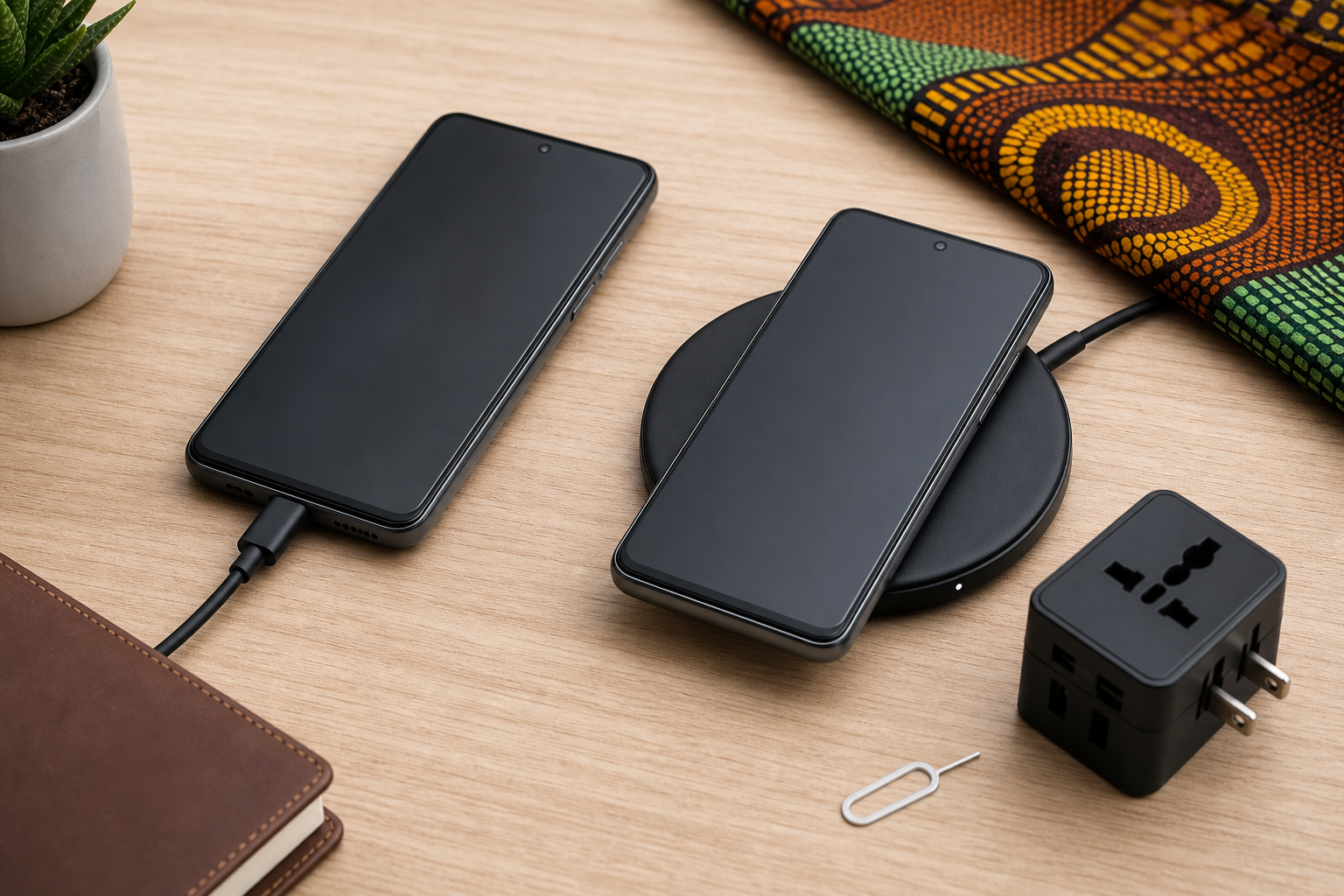 Two generic smartphones charging by cable and wireless pad