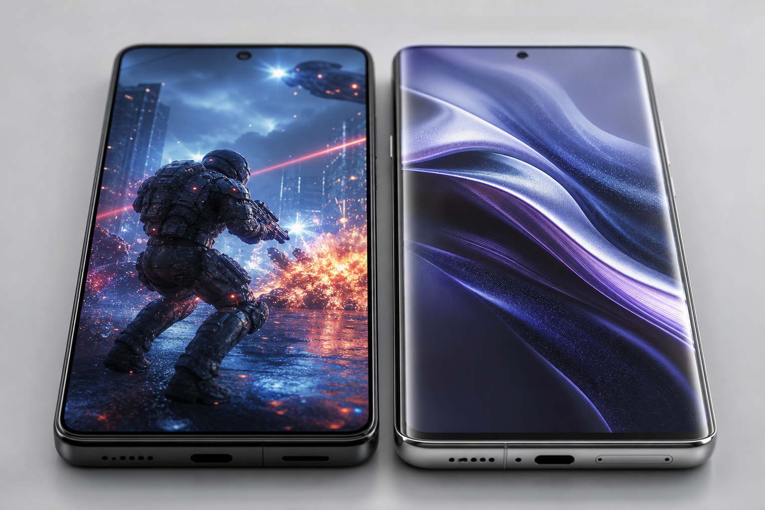 Two unbranded smartphones showing flat gaming display and curved AMOLED display differences
