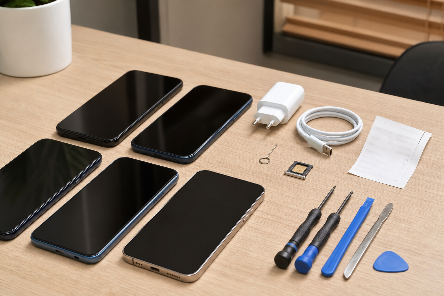 Phones, charger, SIM tray and repair tools arranged for warranty, network and repair checks
