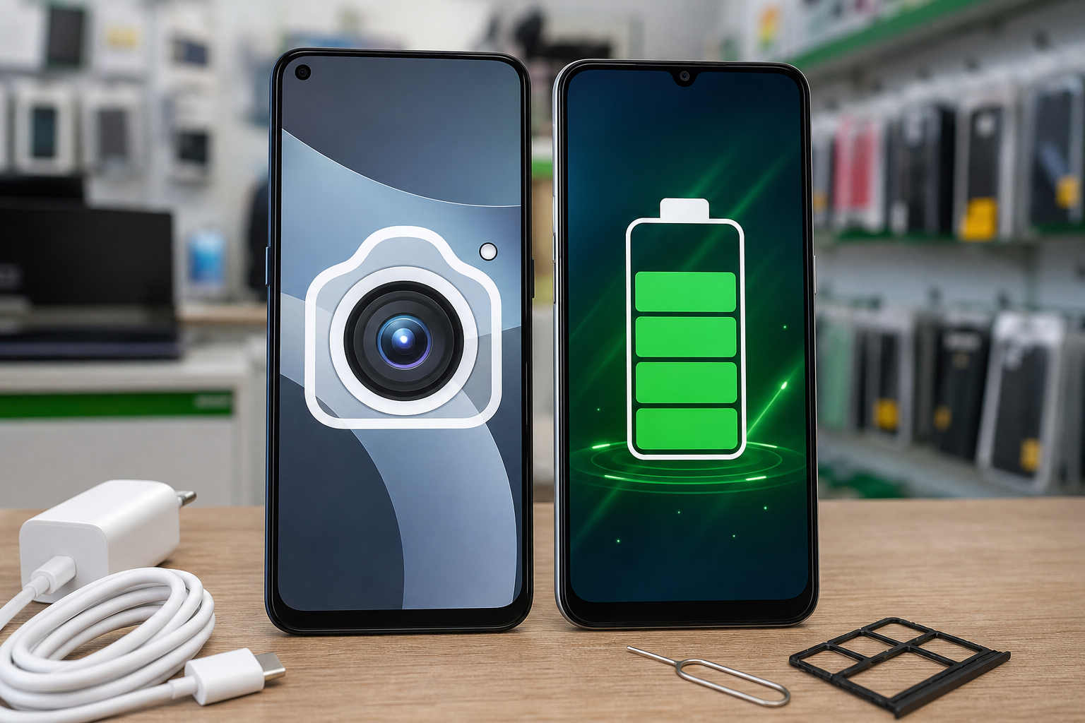 Smartphones with camera and battery symbols in a phone shop