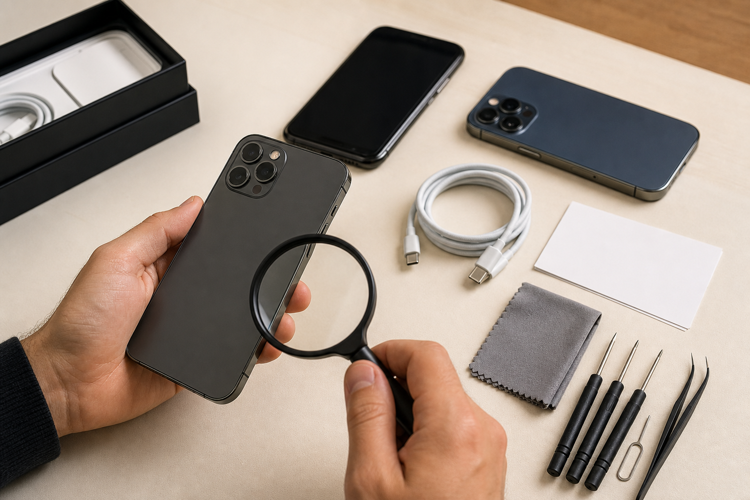 Open-box and used smartphones being inspected with repair tools