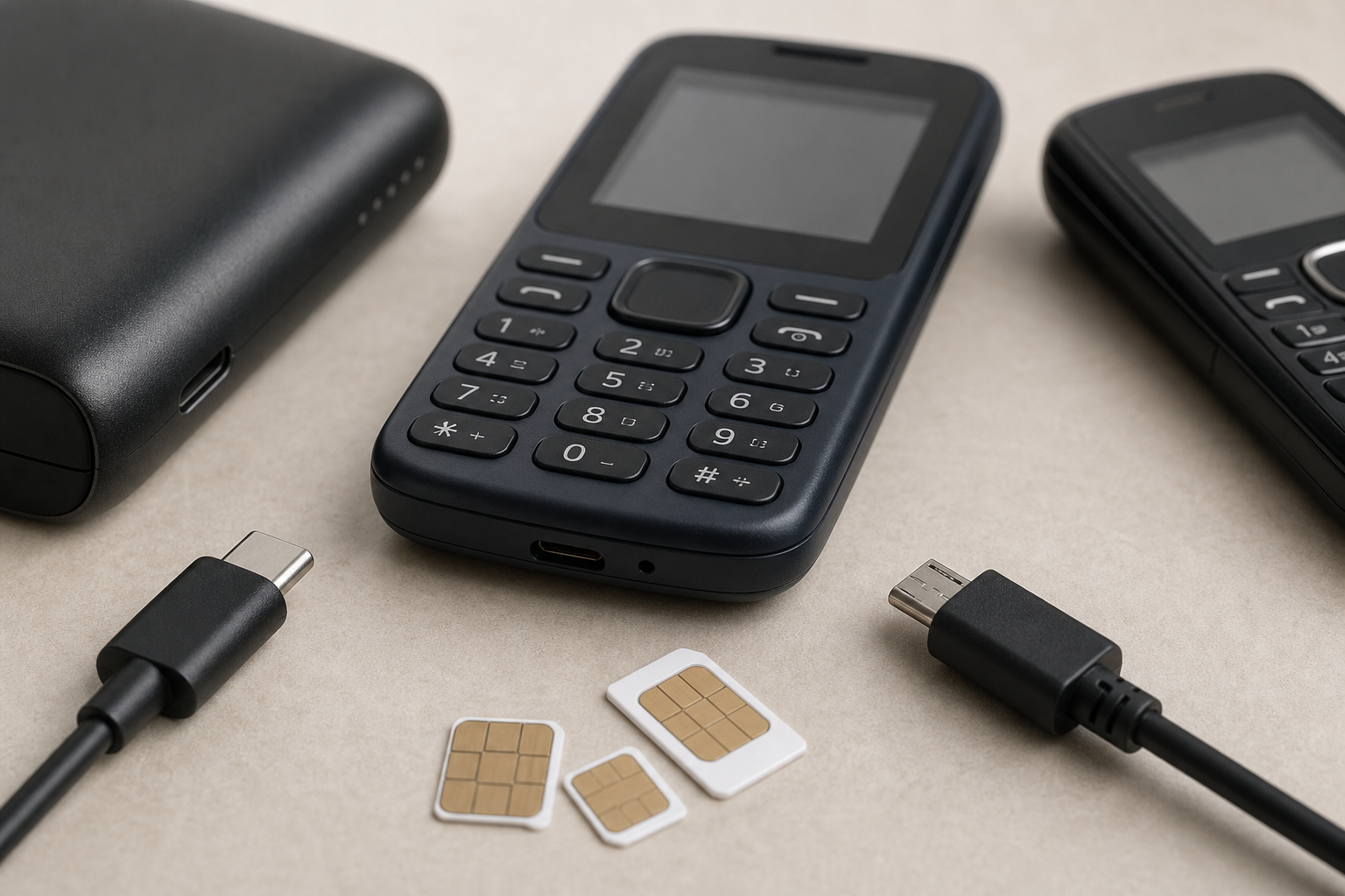 Feature phone charging comparison with USB Type-C cable and older small charging cable