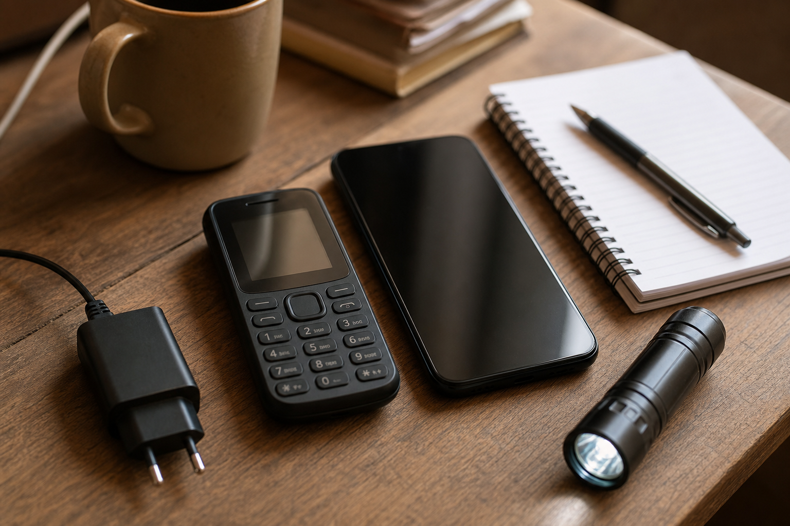 Feature phone beside a smartphone, charger, notebook and torch on a work desk
