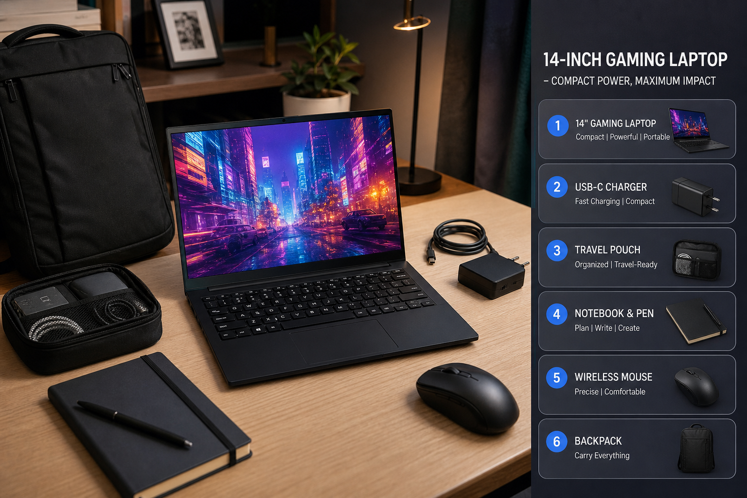 Compact gaming laptop with travel accessories on a desk
