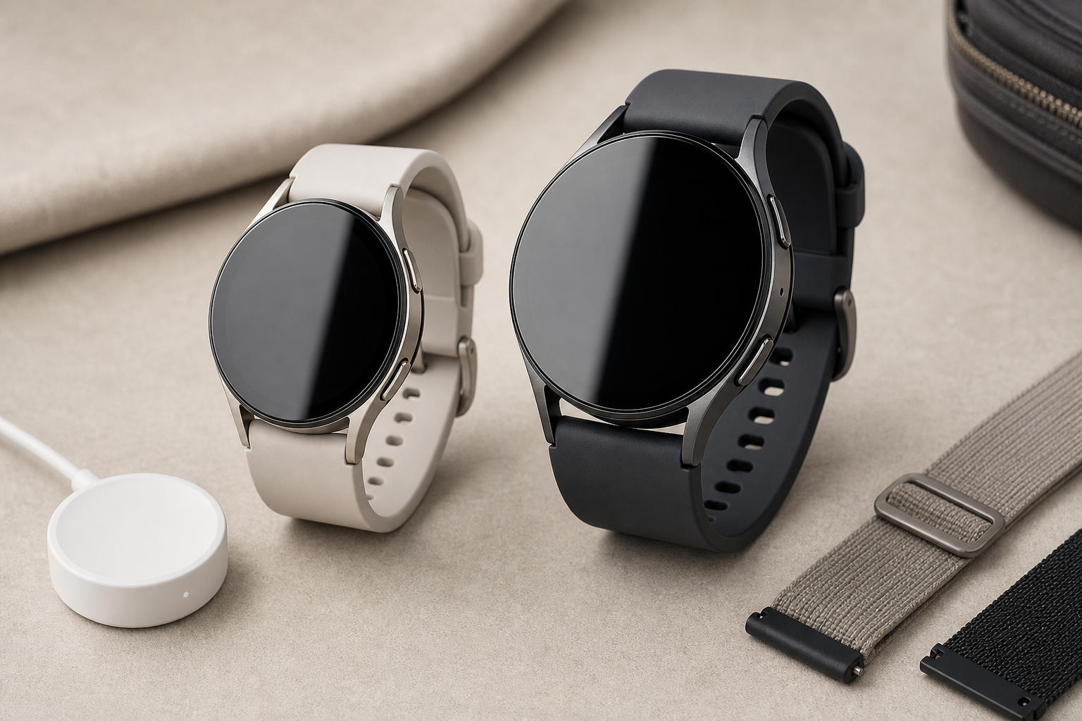 Two smartwatch case sizes and bands arranged for side-by-side comparison