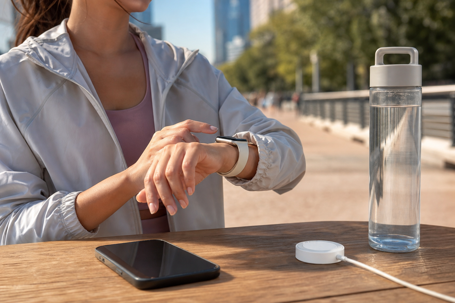 Smartwatch worn during an outdoor fitness session with phone and charger nearby