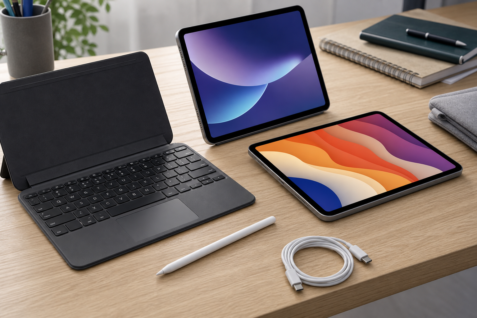 Tablet accessories including stylus, keyboard case and USB-C cable on a work desk