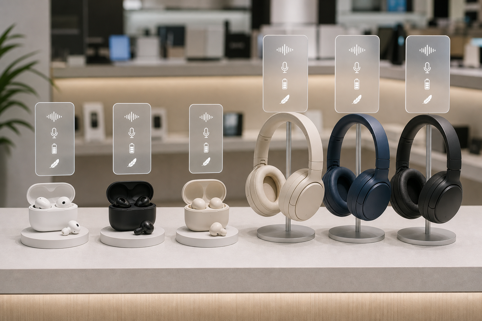 Wireless earbuds and headphones arranged for sound and call quality comparison