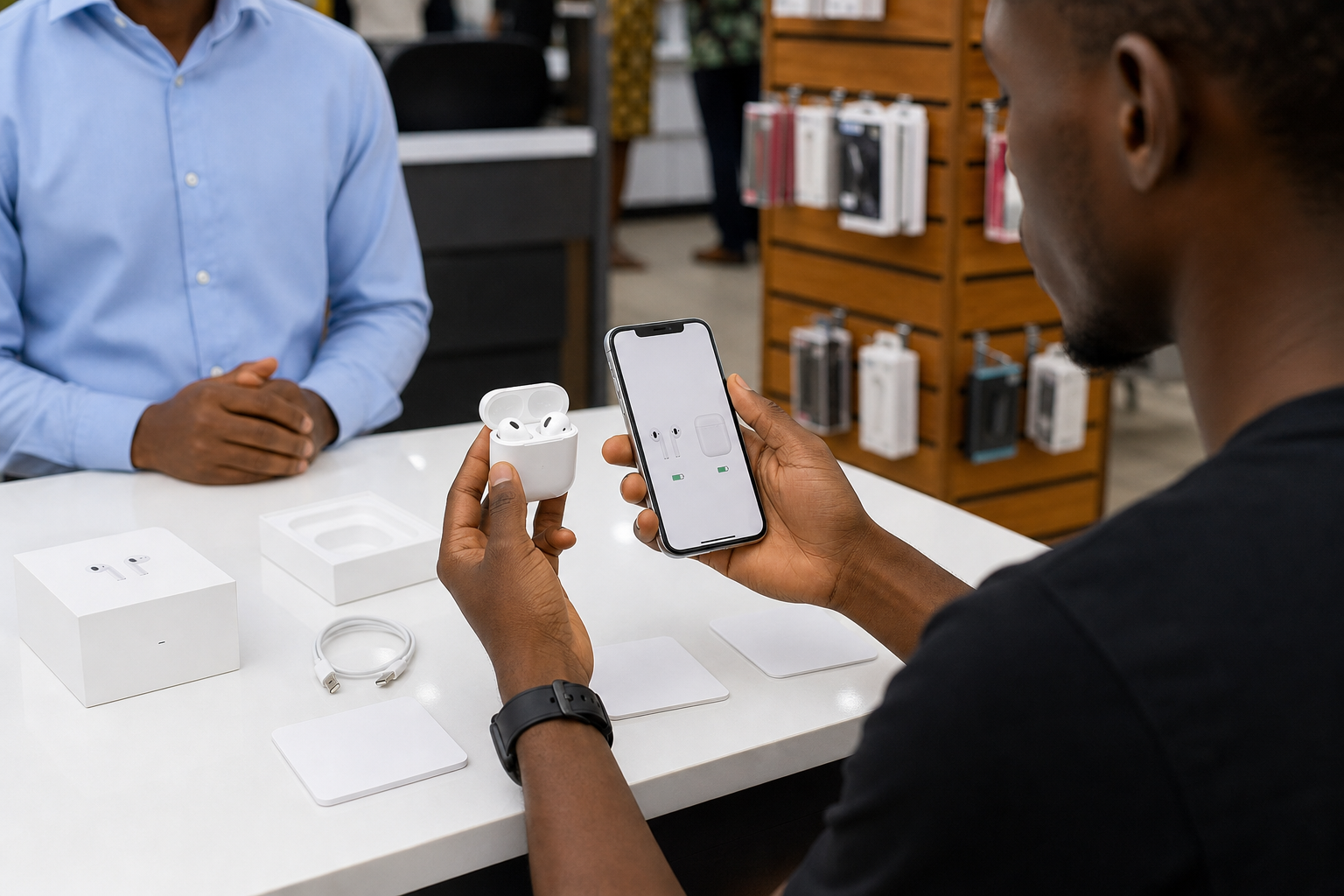 Buyer checking wireless earbuds and phone settings at a retail counter