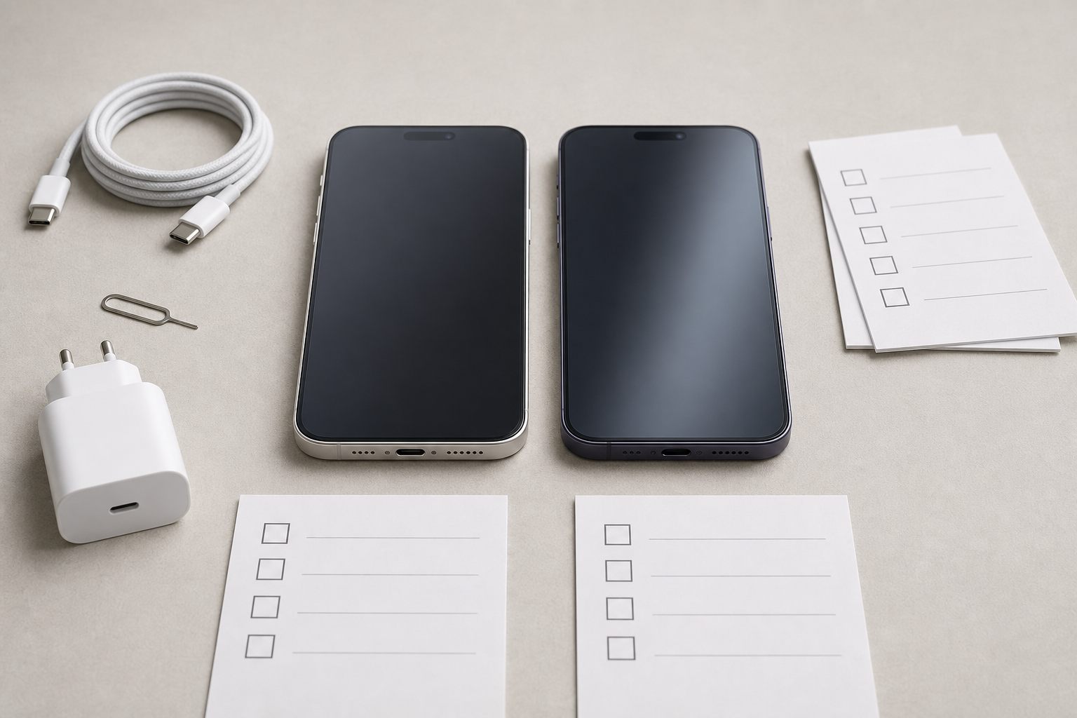 Smartphone comparison setup with USB-C accessories and inspection checklist