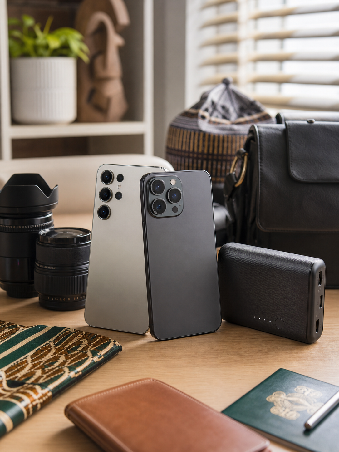 Two premium smartphones beside camera and battery accessories