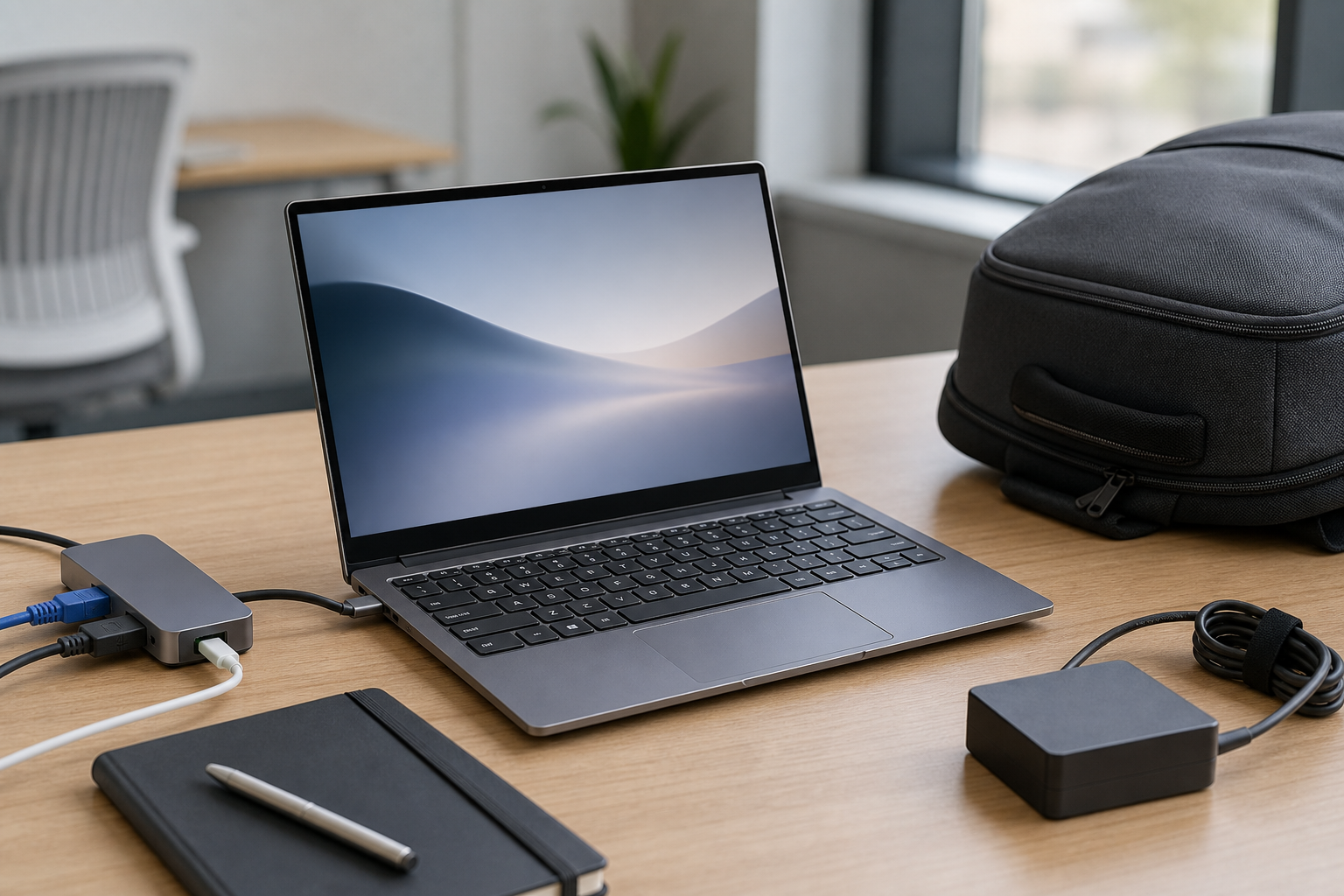 Compact business laptop with hub, charger and work accessories
