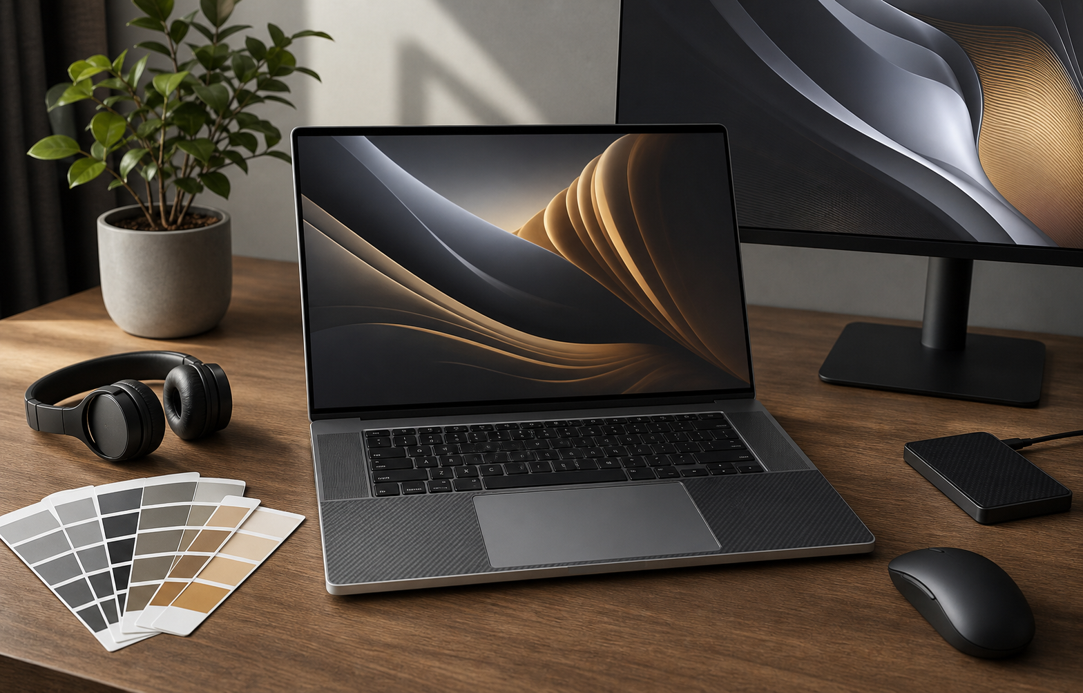 Larger premium creator laptop in a desk setup with monitor and accessories
