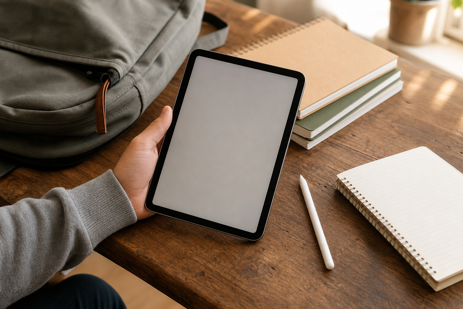 Compact tablet with stylus in a student study setup