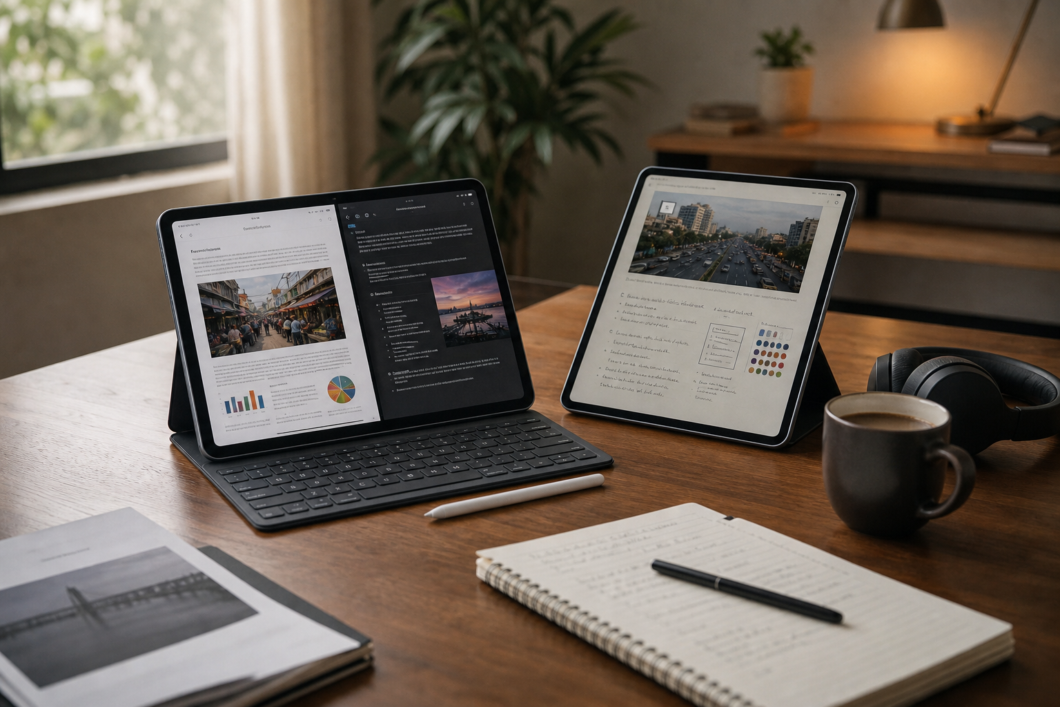 Larger tablet with keyboard and stylus in a productivity workspace