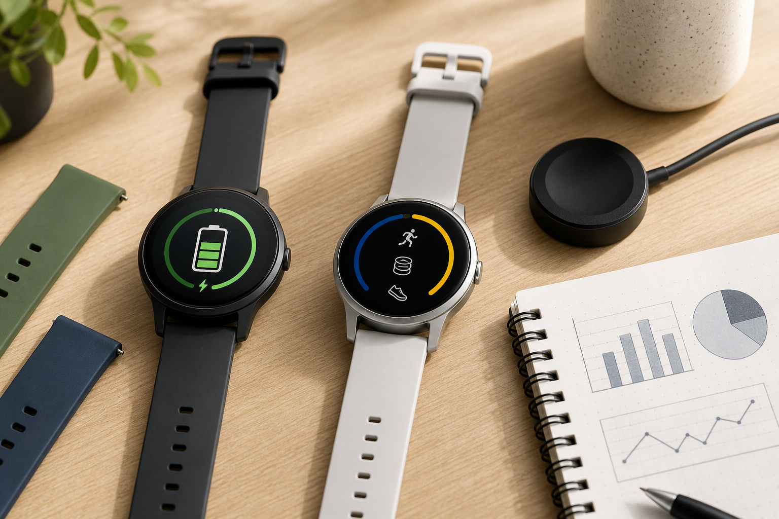 Two round smartwatches with straps and charging puck arranged for battery and fitness comparison