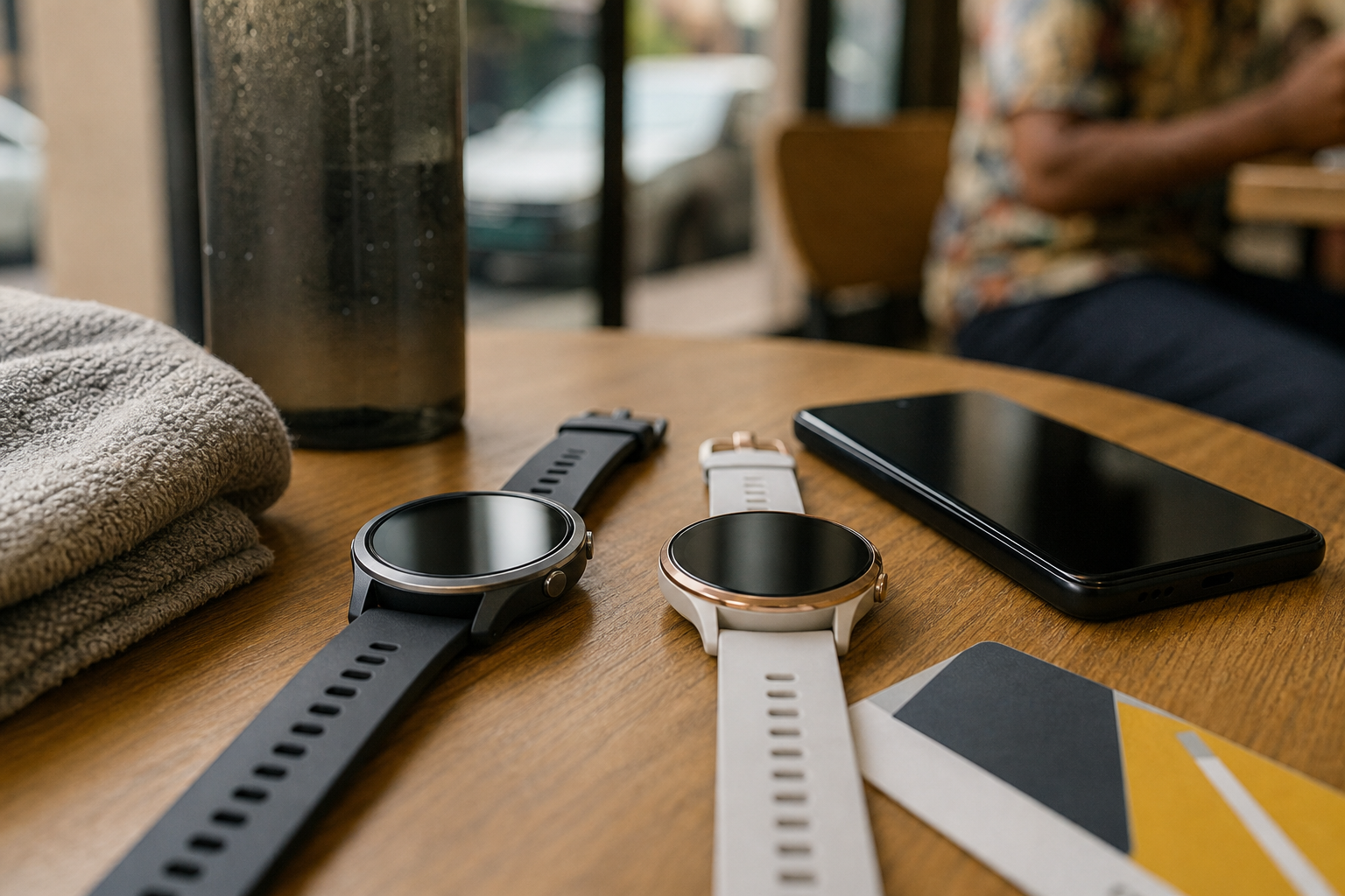 Two round smartwatches beside an Android phone and fitness items on a cafe table