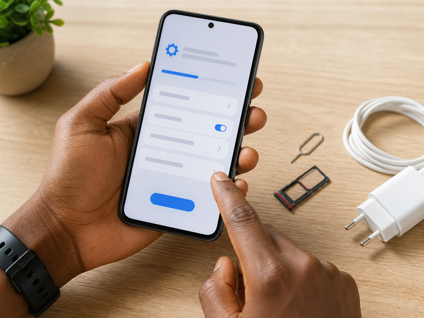A buyer checking software update settings on a generic Android phone beside a charger and SIM tray tool