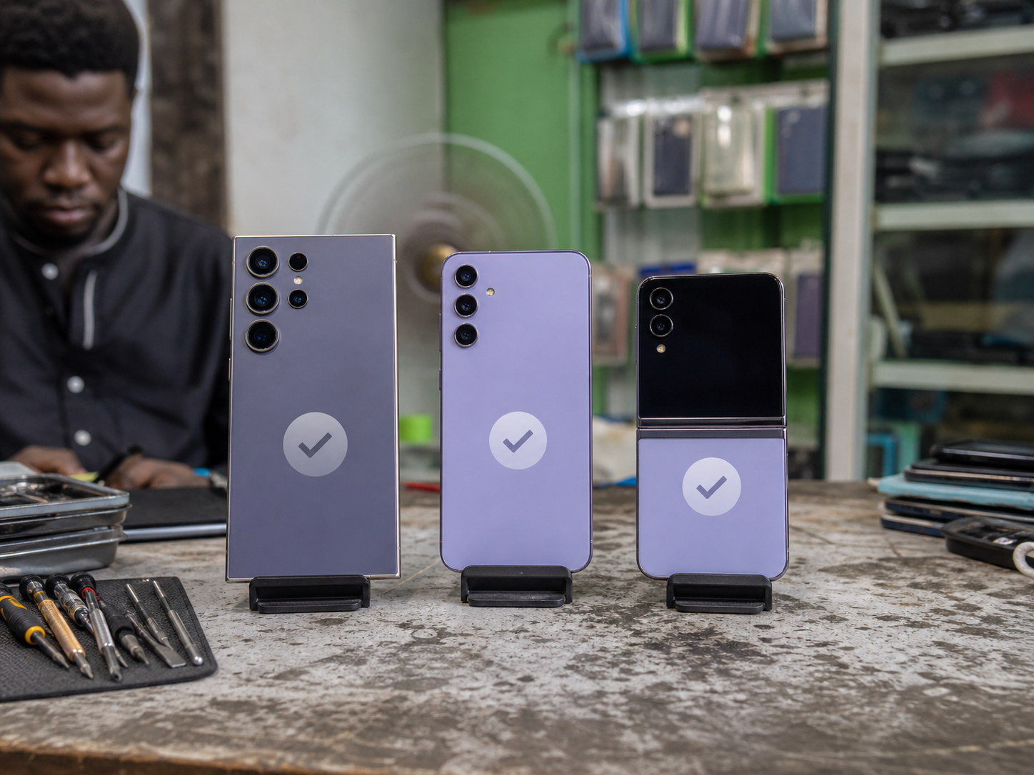 Three Galaxy-style phones on a repair counter representing flagship, midrange, and foldable buying checks