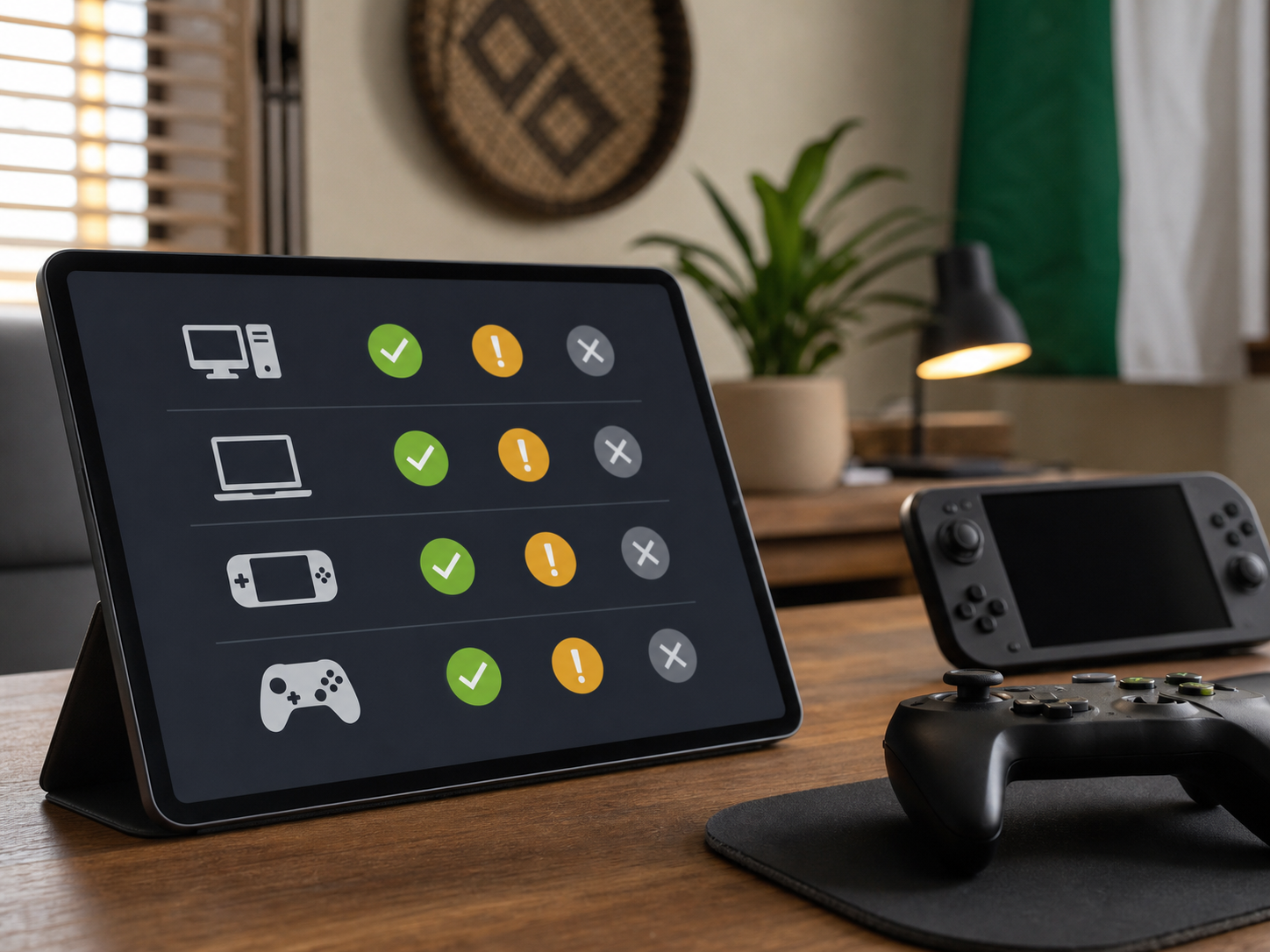 Tablet showing abstract game compatibility symbols beside a controller and handheld gaming device